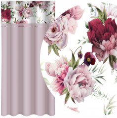 Egyszerű világos lila függöny rózsaszín és bordó bazsarózsák nyomtatásával