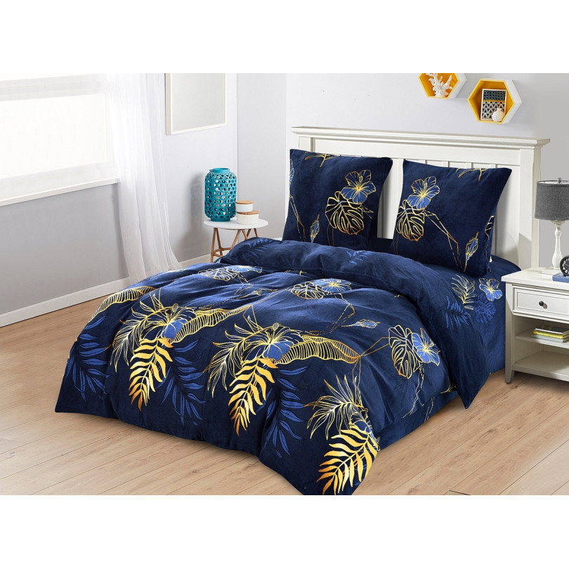 Mikroplyšové posteľné obliečky modrej farby s rastlinným motívom 