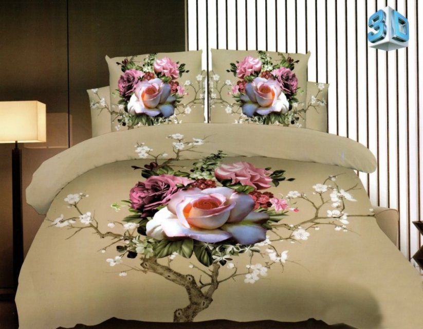 3D posteľné obliečky béžovej farby s kvetmi 