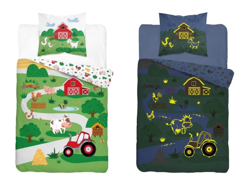 Detská bavlnená posteľná bielizeň svietiaca v tme – Zvieratká na farme