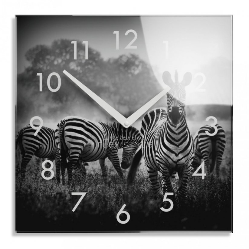 Dekoratív fekete-fehér üvegóra zebrákkal, 30 cm