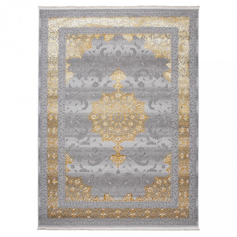 Exklusiver grauer Teppich mit goldenem orientalischem Muster
