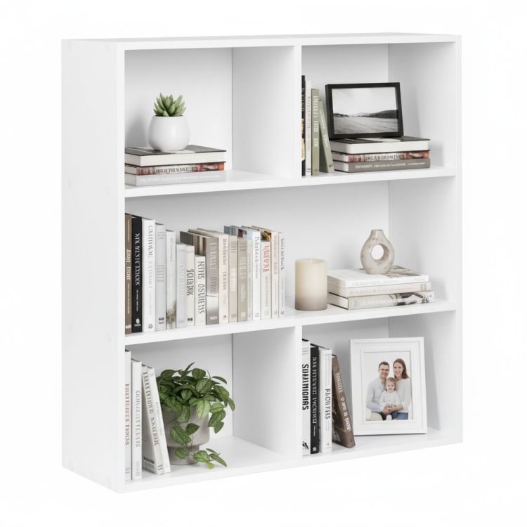 Modern fehér polc - háromszintes polc könyvek, dekorációk és játékok számára