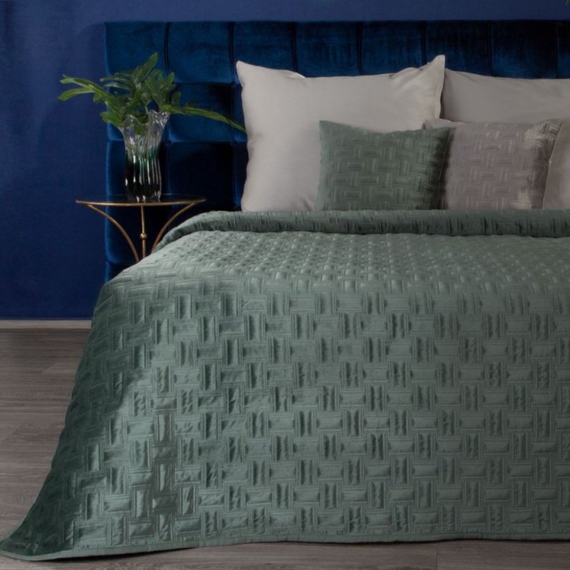Cuvertură de pat din catifea verde lucios, cu matlasare