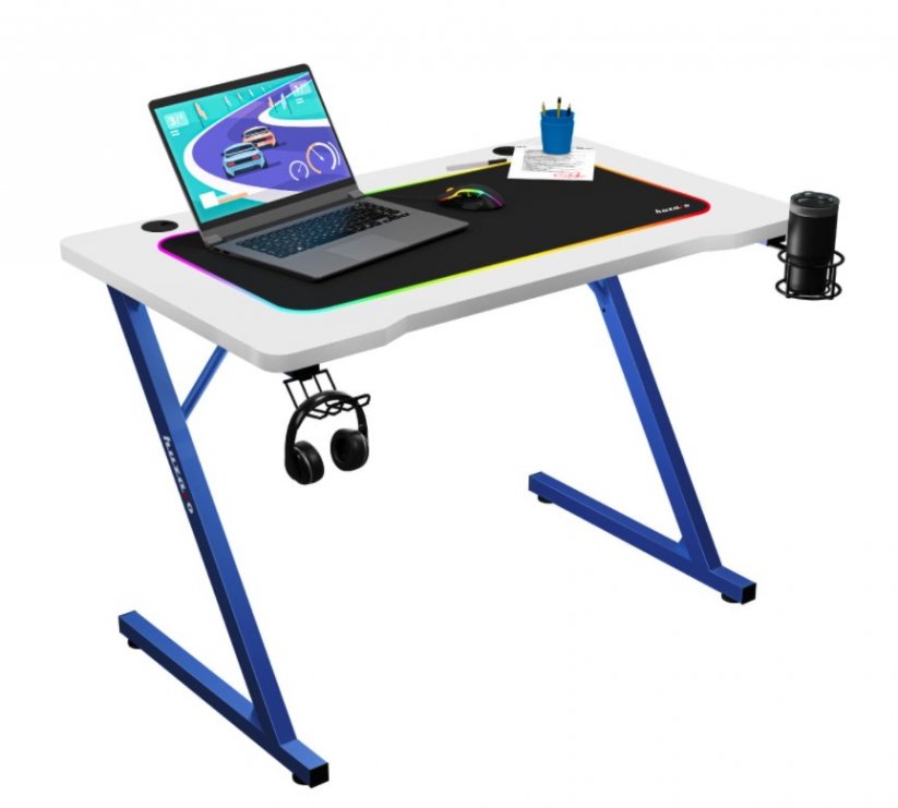 Praktický biely herný stôl HERO 1.8 s modrou konštrukciou