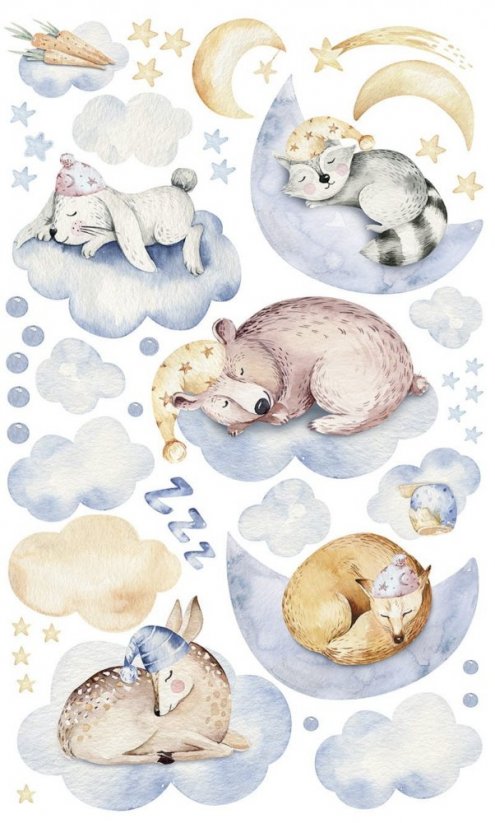 Wandaufkleber für Kinder mit dem Motiv von schlafenden Tieren auf einer Wolke
