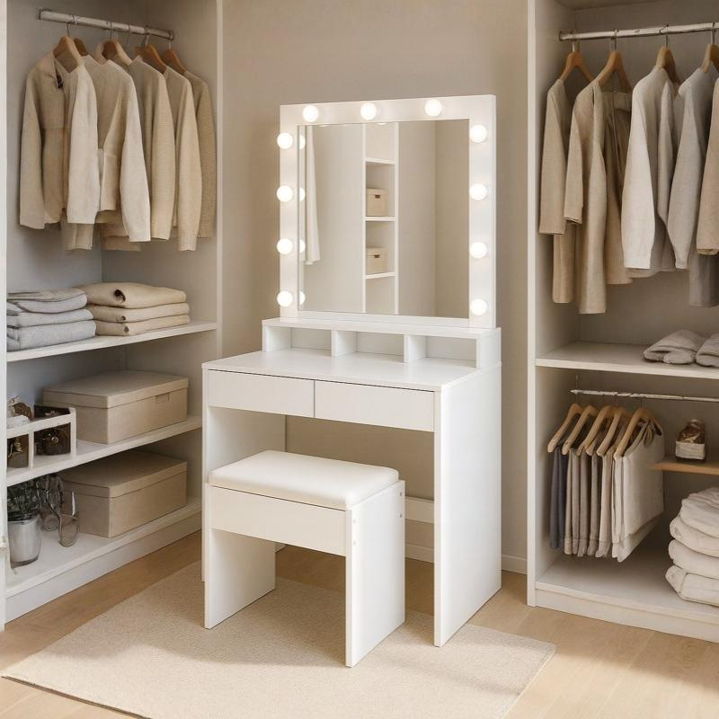 Masă de toaletă cosmetică Hollywood cu taburet - eleganță, stil și funcționalitate la un loc