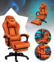 Sedia da gioco arancione con rivestimento in velluto e poggiapiedi estensibile