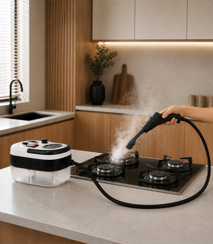 Aparat de curățat cu abur alb-negru de 2500 W pentru bucătărie, baie, geamuri și tapițerie, cu accesorii