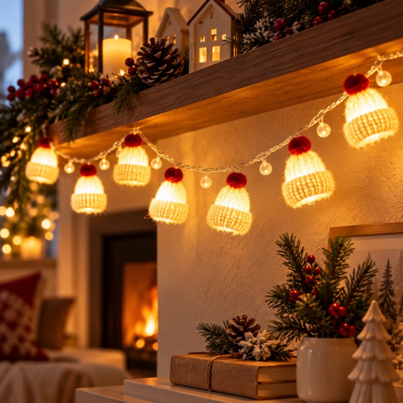 Vianočná LED svetelná reťaz, Santove čiapky - 10 LED
