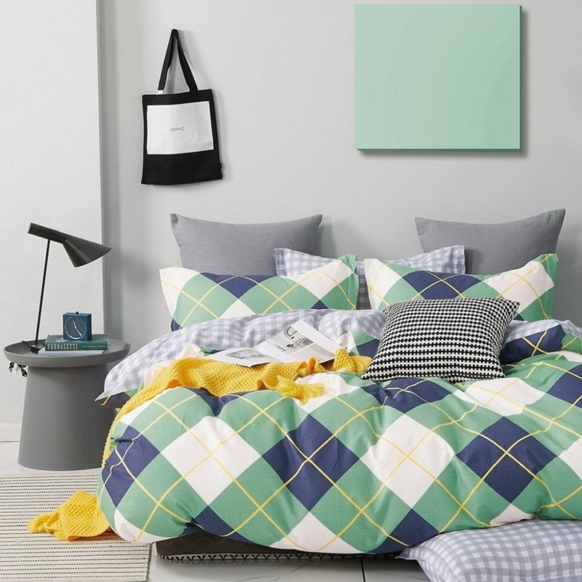 Lenjerie de pat reversibilă albastru-verde cu model