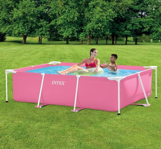 Großer Gartenpool rosa mit rechteckigem Rahmen 220 x 150 cm 