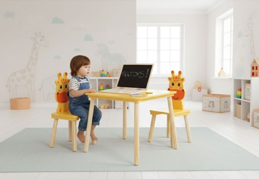 Gyermekbútor - asztal és 2 szék zsiráf alakú karfával