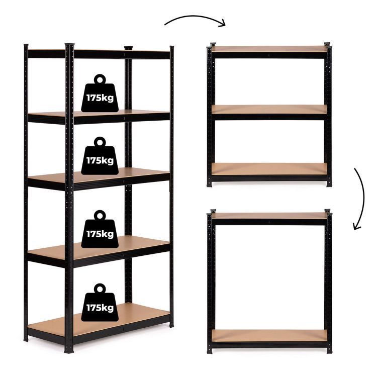 Črna polica s petimi policami 90 x 180 x 40 cm