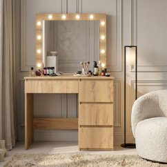 Toaletna mizica v lesenem dekorju z ogledalom LED in 4 predali