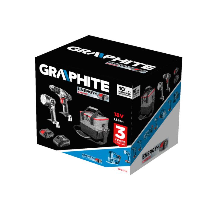 Set de unelte fără fir: burghiu/perforator, lanternă, geantă, baterie Energy+ 18V, Li-Ion 2.0Ah, 58G016 GRAPHITE încărcător