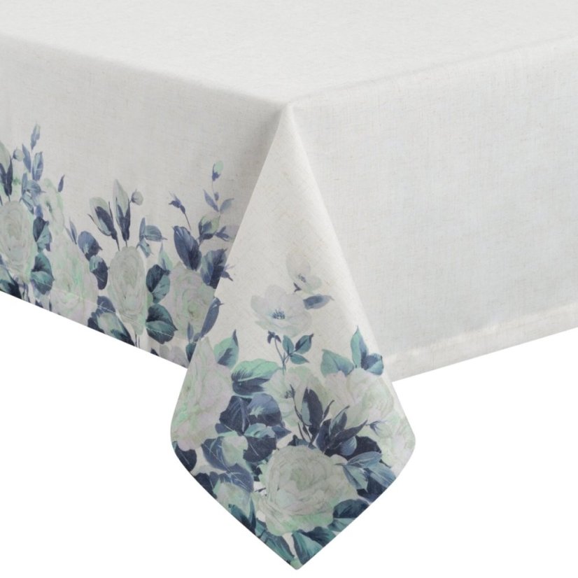 Tischtuch aus Leinen mit Blumenmotiv in blauen Farben