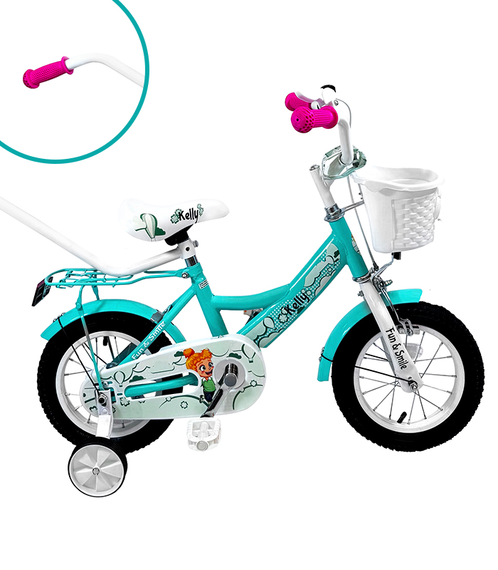 Bicicletă pentru copii cu bară de ghidare, coș și roți auxiliare