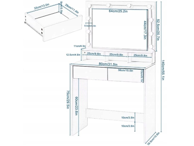 Tavolino cosmetico Hollywood con sgabello - eleganza, stile e praticità in un unico prodotto