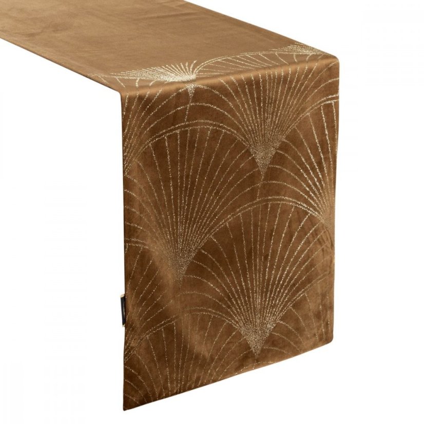 Zamatový stredový obrus s lesklou potlačou hnedej farby