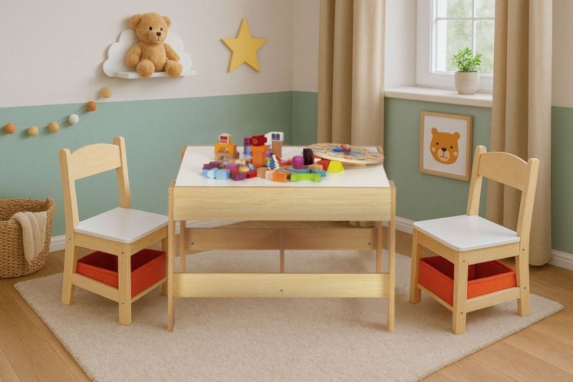 Praktikus 2in1 gyermekasztal két székkel és tárolóhellyel