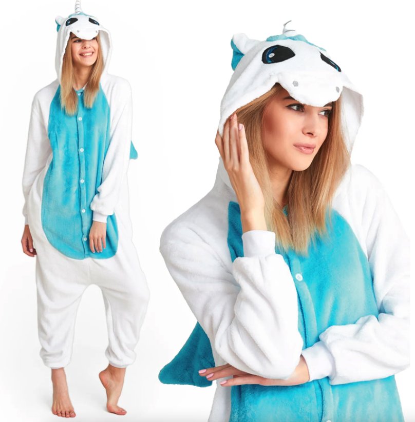 Tyrkysový kigurumi overal s motívom jednorožca veľkosť S