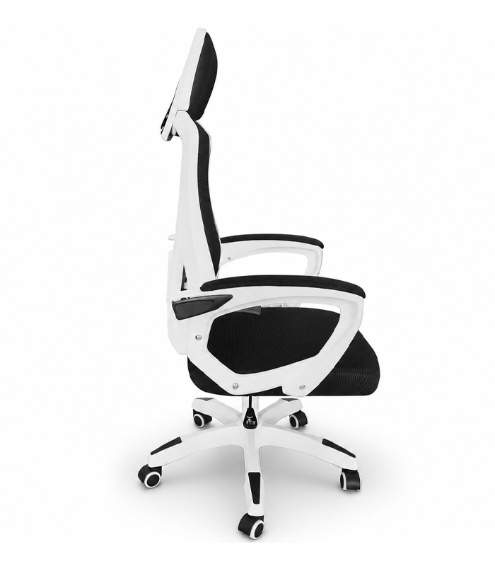 Ergonomické kancelárske kreslo s opierkou hlavy a sieťovaným operadlom čierne s bielou konštrukciou