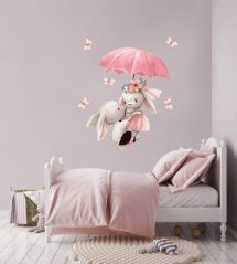 Nálepka na zeď pro holčičku zajíčci s deštníkem