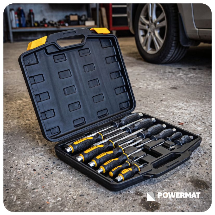Sada rázových skrutkovačov Powermat 12 ks – magnetické Cr-V hroty, HEX stopka, úderové