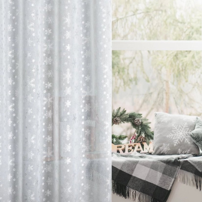 Cortina de Crăciun alb cu imprimare fulg de zăpadă argintiu