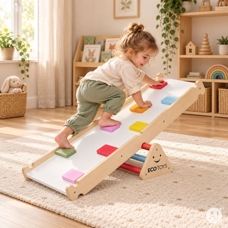 LUNA otroški leseni igralni komplet » MONTESSORI « z nastavljivo lestvijo in dvostransko plezalno ploščo 2 v 1