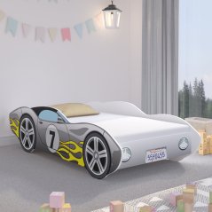 Einzigartiges Kinderbett 140 x 70 cm im Stil eines grauen Rennwagens mit spektakulären Flammen