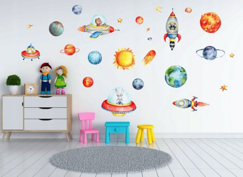 Autocolant colorat pentru copii, cu motiv spațial - Mărimea: 100 x 200 cm