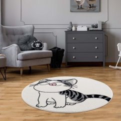 Krémový kulatý koberec s motivem kočky