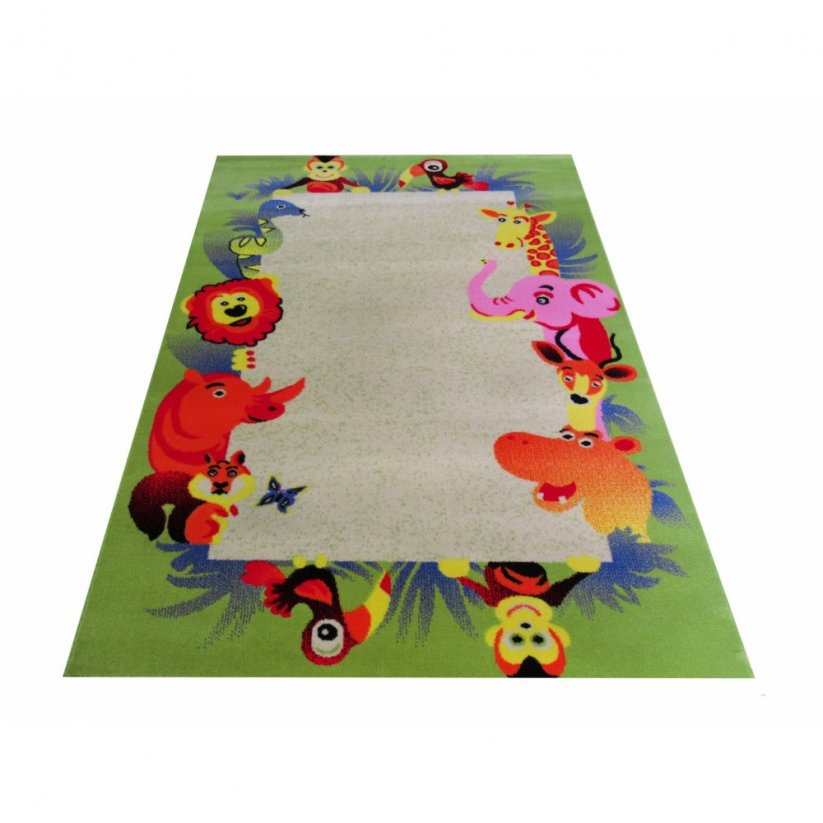 Zöld-bézs szőnyeg állatokkal a gyerekszobában
