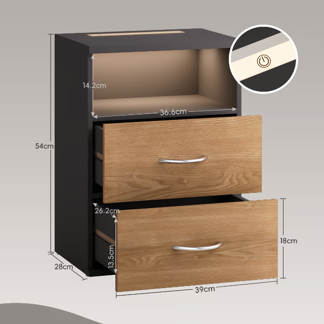 Jamie éjjeliszekrény LED világítással és USB-vel - 55 × 40 × 28 cm