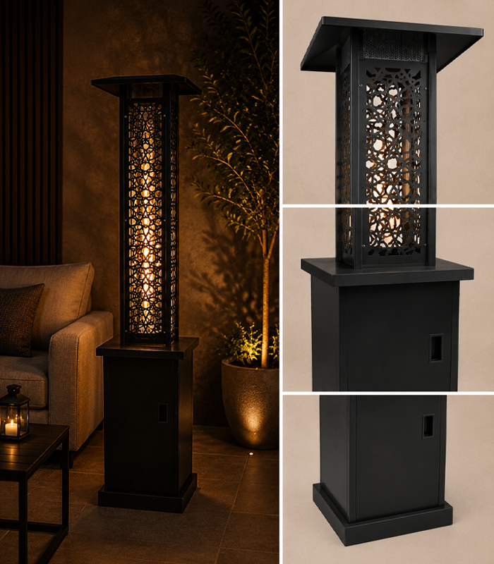 Stylový plynový terasový ohřívač s efektem plamene o výkonu 13 kW – 121 cm, černý