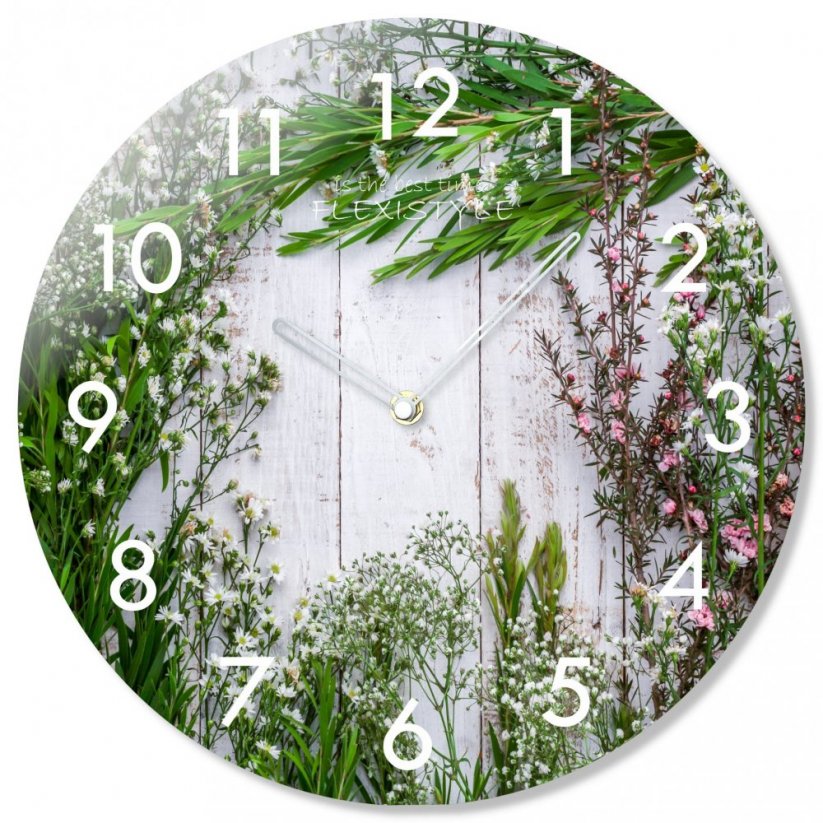Okrúhle sklenené hodiny 30 cm s bylinkami