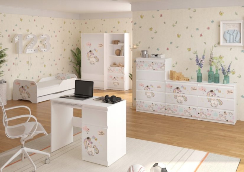 Kinderbett MIKI 160 x 80 cm mit Regenbogen-Einhorn-Motiv