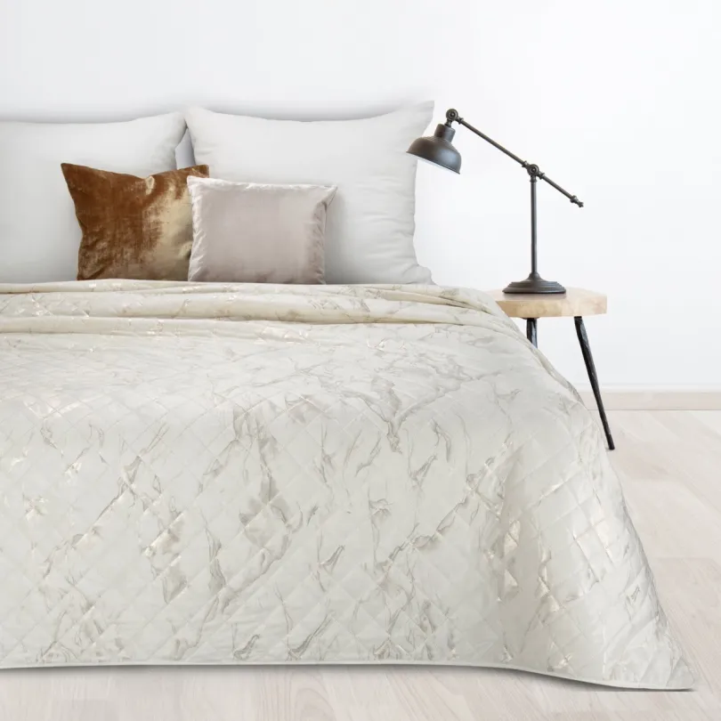 Zamatový prehoz na posteľ s potlačou imitujúcou mramor - biely