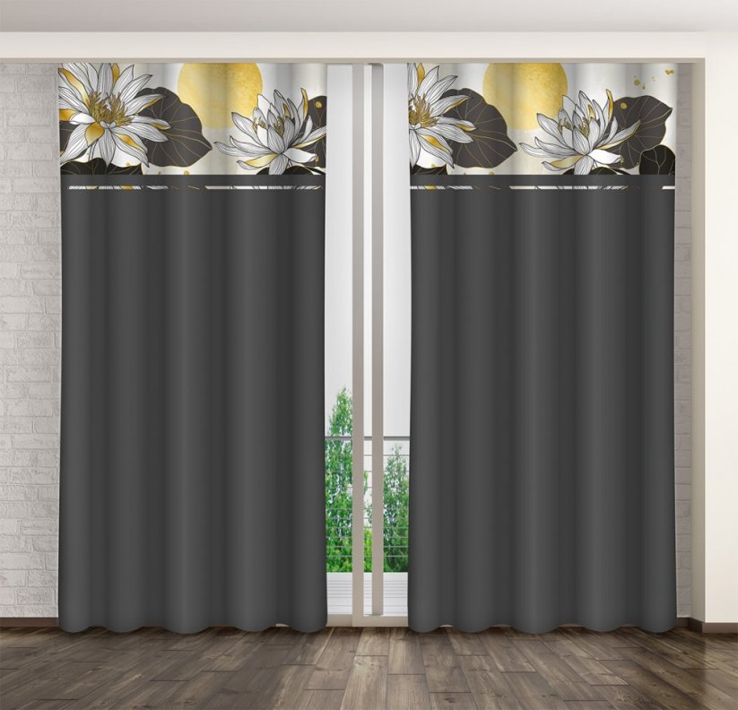 Klasszikus sötétszürke függöny lótuszvirágokkal nyomtatva