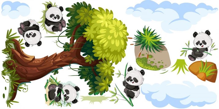 Nálepka na zeď pro děti veselé pandy na stromě - Rozměr nálepky: 100 x 200 cm