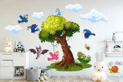 Autocolant de perete pentru copac copii și păsări fericite