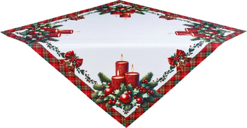 Коледна покривка за маса бяла с червена и зелена карирана рамка и свещи