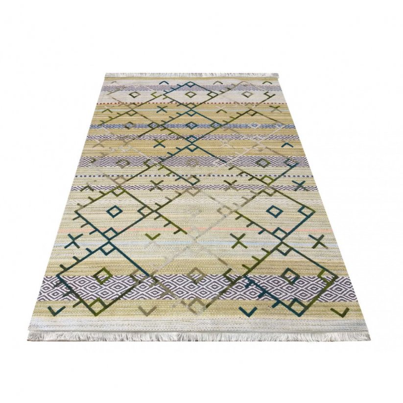 Originální zelený koberec v etno stylu s barevným vzorem - Rozměr koberce: Šířka: 80 cm | Délka: 150 cm