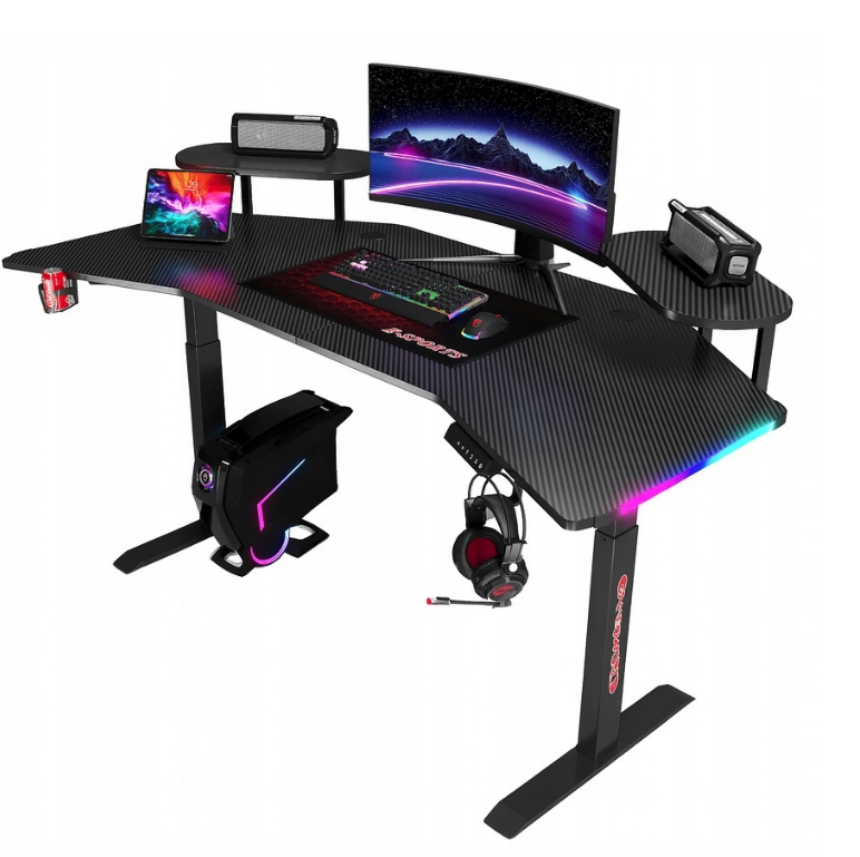 Elektrický výškovo nastaviteľný rohový stôl 160 cm – čierny s LED podsvietením