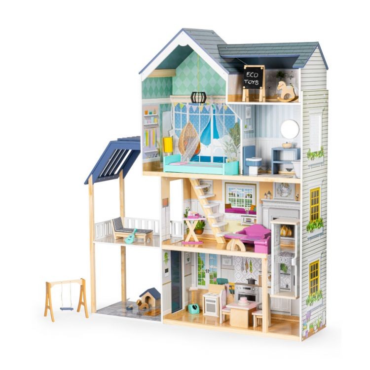 Krásny drevený domček pre bábiky s nábytkom