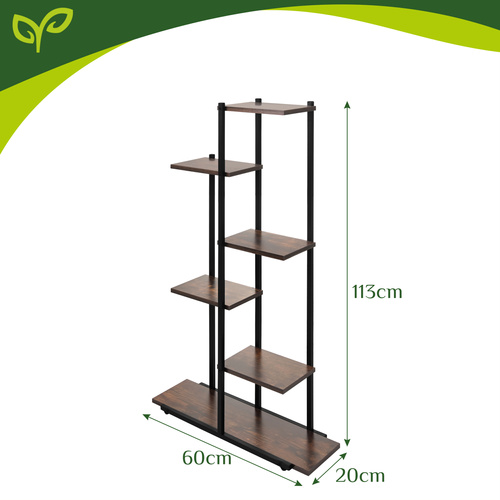 Kovový stojan na květiny – 6patrový květináč v loftovém stylu s MDF policemi, 113 cm