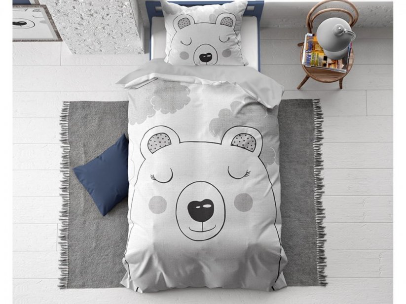 Detská sivá bavlnená posteľná obliečka s motívom spiaceho medveďa