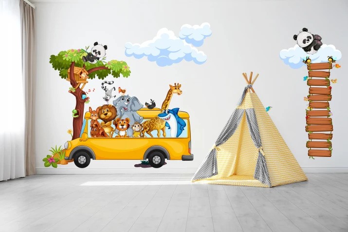 Autocolant pentru copii animale safari vesele într-un autobuz - Mărimea: 60 x 120 cm